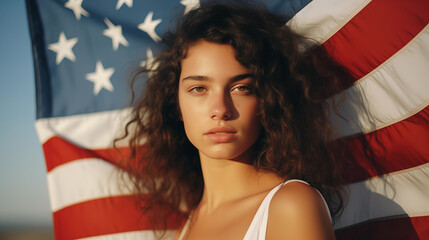 Naklejka premium American flag and beautiful female. USA, waving flag. Independence Day in United States of America. Fourth of July. Happy national americans annual holiday. Freedom day. Patriotic poster. Generated AI