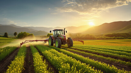 Tractor in the middle of a field, spraying crops with a boom sprayer - obrazy, fototapety, plakaty