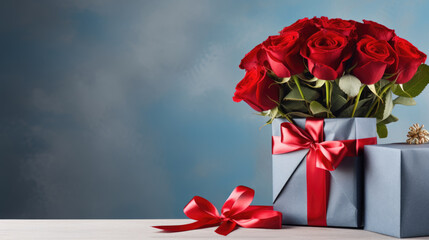 Man holding a bouquet of red roses in one hand and a gift box with a red ribbon in the other, suggesting a romantic gesture or celebration.