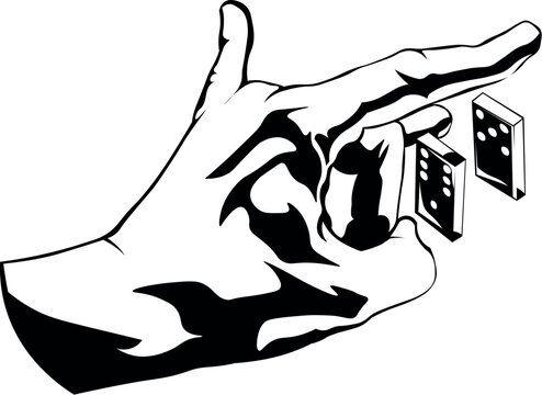 Cartoon Black and White Isolated Illustration Vector Of A Human Hand Flicking A Domino