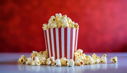 Striped box with popcorn and red background 