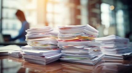 Businessperson working in stacks of paper files on work desk in office