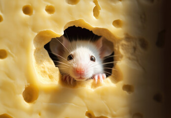 mouse peeping out of the cheese hole in the style of elizabeth gadd, herb ritts, flickr - obrazy, fototapety, plakaty