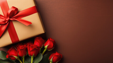 Beautifully wrapped gift box with a ribbon, surrounded by red roses, rose petals,creating a romantic and intimate atmosphere.
