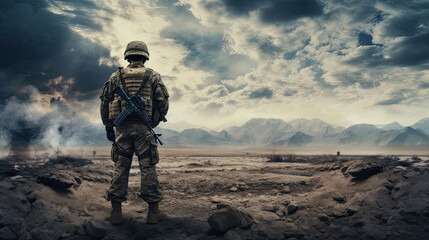 Soldier with rifle in the desert. Army background - obrazy, fototapety, plakaty