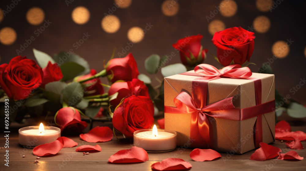 Sticker Bouquet of red roses lying next to a gift wrapped in paper