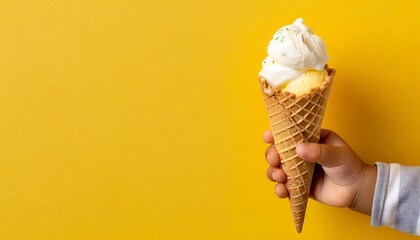 Baby kid hand holding big ice cream in waffles cone on yellow