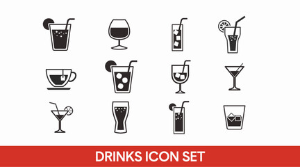 Drinks Icon Set. Vector isolated back and white set of different drinks