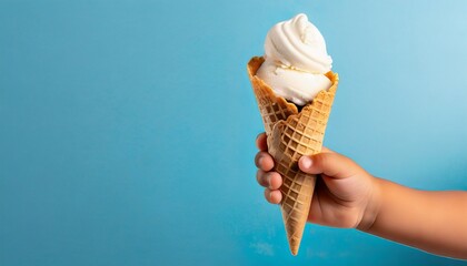 Baby kid hand holding big ice-cream in waffles cone on blue