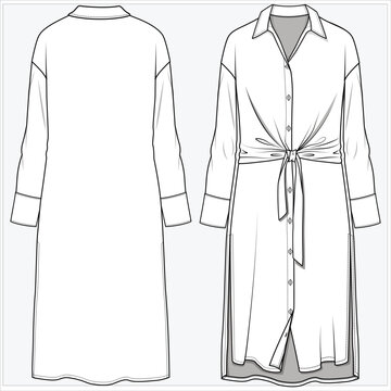 SHIRT DRESS WITH DROP SHOULDER AND FRONT TIE UP DETAIL DESIGNED FOR WOMEN AND TEEN GIRLS IN  VECTOR ILLUSTRATION FILE