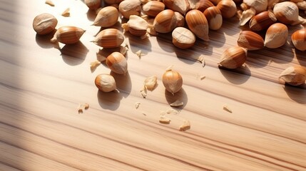 Hazelnuts spilled on light wood table