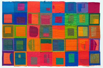 quilted fabric with colorful squares, abstract background