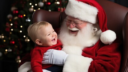 Fototapeta na wymiar santa claus and a baby seating on his thigh, looking at each other and laughing, happy ambiance, white background