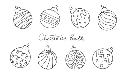 Collection of hand drawn Christmas balls. Doodle Xmas decoration with ornament. Black outline illustration isolated on white. Holidays decor preparing element