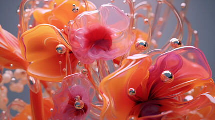 3D abstract bloom liquid blossom organic flower orange peach fuzz glass and plastic background - obrazy, fototapety, plakaty