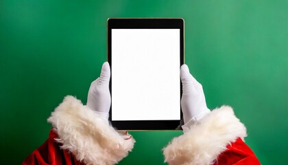 Image of hands of santa claus holding tablet with blank screen and copy space on green background - Powered by Adobe