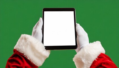 Image of hands of santa claus holding tablet with blank screen and copy space on green background  - Powered by Adobe