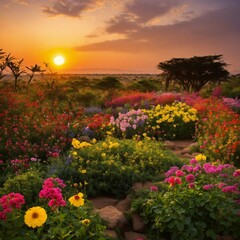 flower bed at sunset