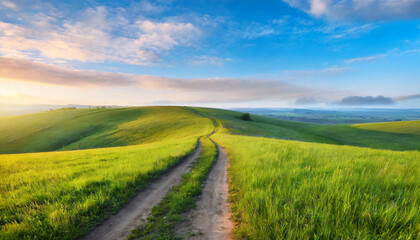 Fototapeta na wymiar Picturesque winding path through a green grass field in hilly area in morning at dawn