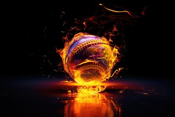 Softball ball in neon fire flames in explosion on dark glossy background