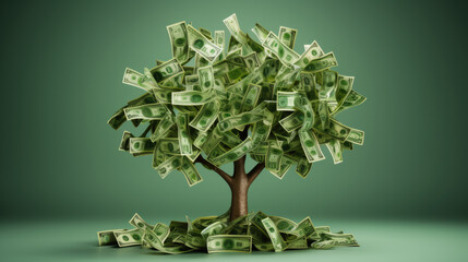 Tree with branches and leaves made out of American dollar bills against a green background