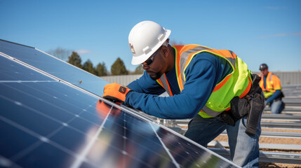 Technician wearing a safety helmet and high-visibility vest is installing or maintaining solar panels, with a clear blue sky in the background.