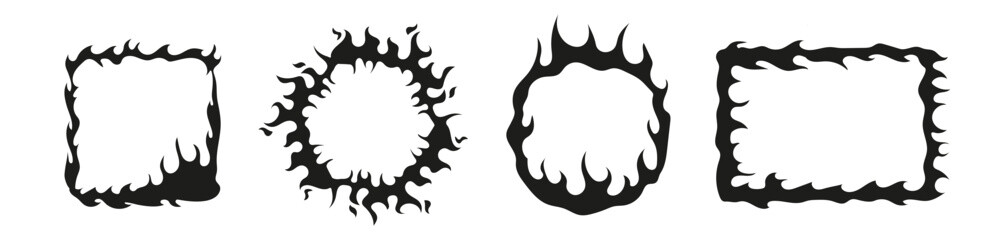 Fire silhouette black vector frame. Flame circle and square border. - obrazy, fototapety, plakaty