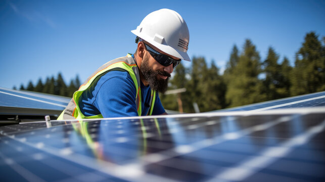 Technician wearing a safety helmet and high-visibility vest is installing or maintaining solar panels, with a clear blue sky in the background. - Powered by Adobe