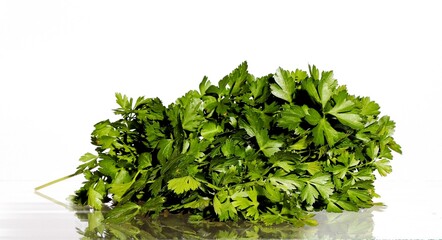 Bunch of fresh green parsley on a white background.
