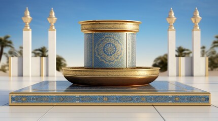 A classic mosaic podium design for Eid ul Fitr, with traditional Islamic motifs and a reserved area for a speaker's name or message. - obrazy, fototapety, plakaty