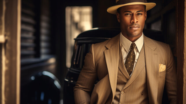 A sepia-toned image showcasing a dapper gentleman in a tailored pinstripe suit and fedora, capturing the essence of classic men's fashion from the 1940s.