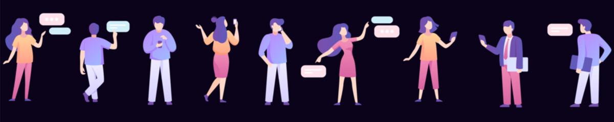 People with digital gadgets communicate set. Male and female characters with conversation clouds write and read messages and also call vector interlocutor