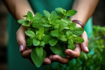 Female hands holding bunch of fresh mint leafs in the garden - Powered by Adobe