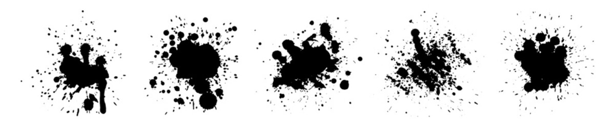 Dirty ink splashes and blots set. Monochrome brushstroke grunge curves with dirty spots and brush strokes for creative decoration and vector design