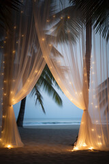 white curtains on the beach in the evening