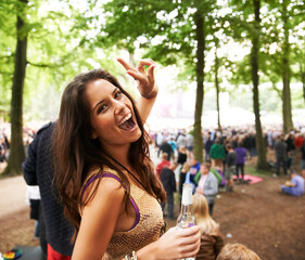 Happy woman, portrait and peace sign at outdoor music festival or crowd for party, event or DJ in nature. Excited female person smile enjoying audio sound at carnival, concert or performance outside