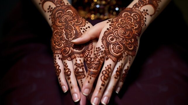 A close-up of intricate henna designs on hands, symbolizing Eid ul Fitr celebrations, without showing any part of the human body.