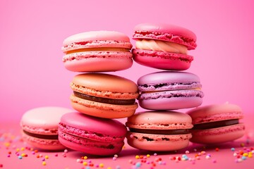 Fototapeta na wymiar Colorful macarons dessert on pink background