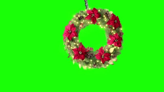 New Year's Holiday Wreath with Tree Branches and Bright Lights - Seamless Animation on Green Screen Background