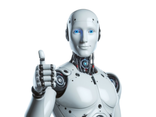 Smiling, Human-Like Robot Giving Thumbs-Up, Humanoid Robot Approving Thumbs Up
