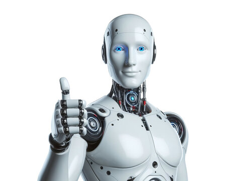 Smiling, Human-Like Robot Giving Thumbs-Up, Humanoid Robot Approving Thumbs Up