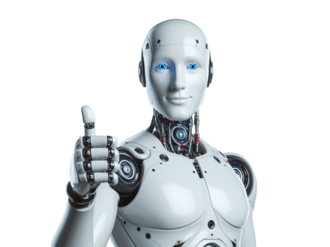 Smiling, Human-Like Robot Giving Thumbs-Up, Humanoid Robot Approving Thumbs Up