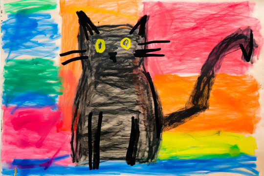 Drawing of cat with rainbow background and black cat.