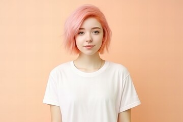 Obraz premium design mockup teenage girl with peach fuzz color hair wearing plain blank white t-shirt on a pastel peach background, studio portrait