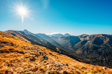 Mountain Tatras landscape. View from ridge of the Poland Tatras. Hiking from Kasprowy Wierch peak...