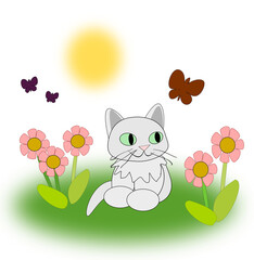 A little kitten sitting among pink flowers and looking at a butterfly.
