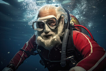 Fantasy art of Santa Claus scuba diving, snorkeling, extreme sport, swim with fish. Father Christmas, Saint Nicholas, Saint Nick, Kris Kringle, fun adventure