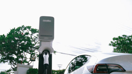EV electric car recharge battery at parking lot in natural green city park. Alternative clean...