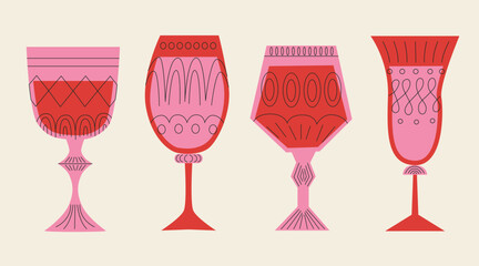 A set of tall glasses of different shapes in red and pink colors. Drinks in different types of vintage glasses. Linear vector illustration. Cartoon retro style - obrazy, fototapety, plakaty