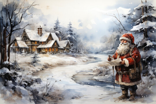 Digital Watercolor Painting of Santa Claus with Copy Space